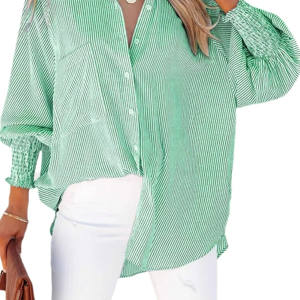 Womens Smocked Cuffed Striped Boyfriend Shirt Casual Collar Long Sleeve Oversize - Picture 1 of 5